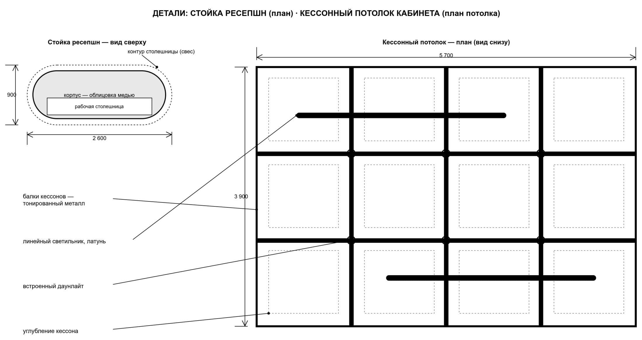 Деталь проекта: стойка ресепшн и кессонный потолок с светильниками (чертёж)